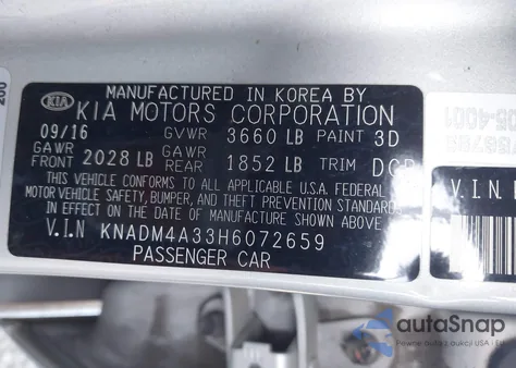 2017 Kia Rio Lx z USA, uszkodzony, nr VIN KNADM4A33H6072659